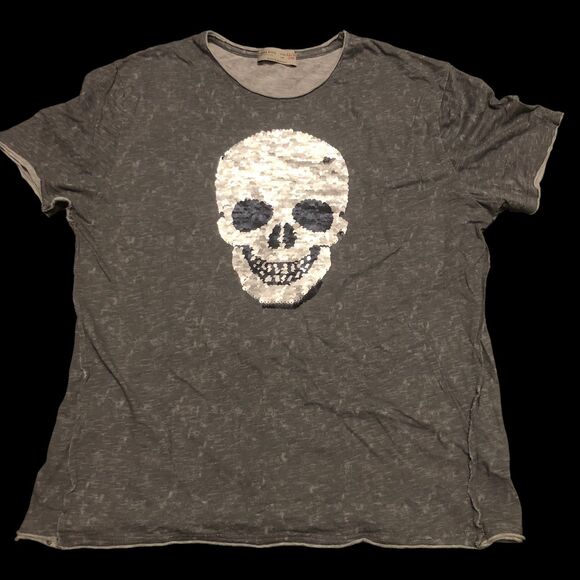 Zara Boys Flip Sequin Skull T-Shirt w/Exposed Seams Heather Grey; SZ 11/12 - Picture 2 of 7